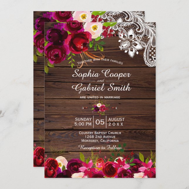 Convites Rustic Burgundy Lace Floral | Barn Wood Wedding (Frente/Verso)