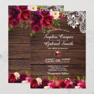 Convites Rustic Burgundy Lace Floral   Barn Wood Wedding