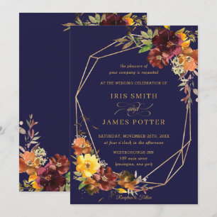 Convites Rustic Burgundy Laranja Floral Geométrico