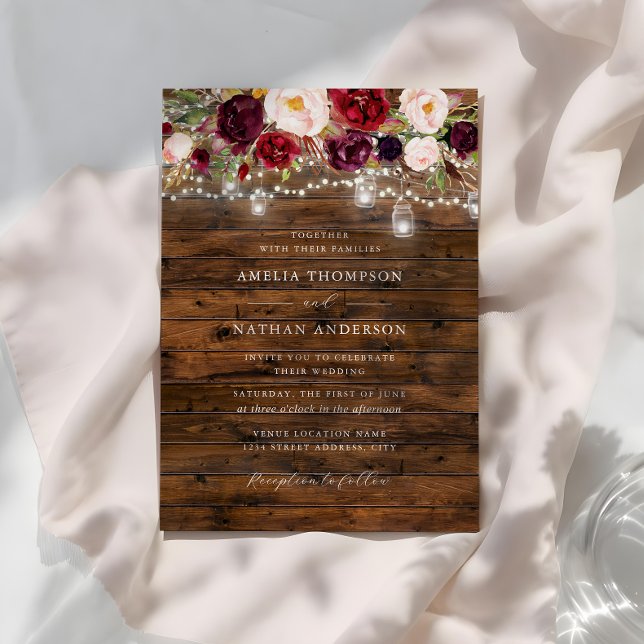 Convites Rustic Burgundy Lights Wedding  (Criador carregado)