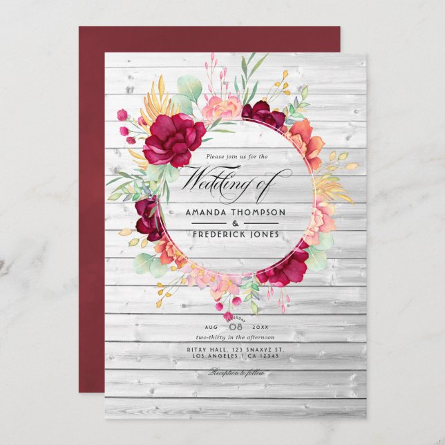 Convites Rustic Burgundy - Marsala e Blush Floral Wedding (Frente/Verso)