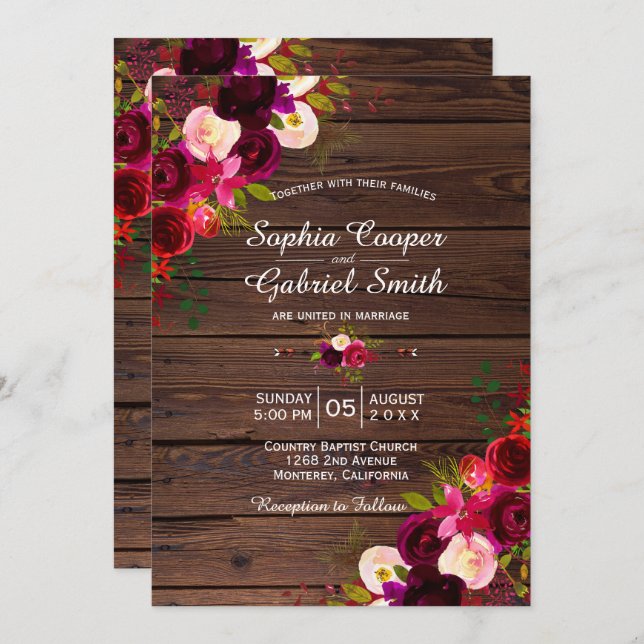 Convites Rustic Burgundy Marsala Floral | Barn Wood Wedding (Frente/Verso)
