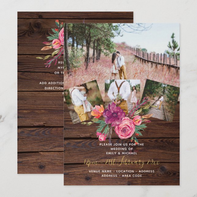 Convites Rustic Burgundy Marsala PHOTO COLLAGE WEDDING (Frente/Verso)
