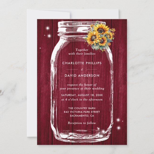 Convites Rustic Burgundy Wood Sunflower Mason Jar Weding (Frente)