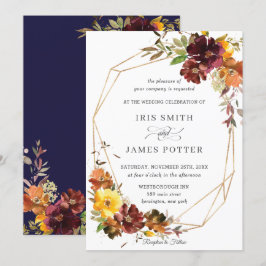Convites Rustic Burgundy Yellow Floral Casamento Geométrico