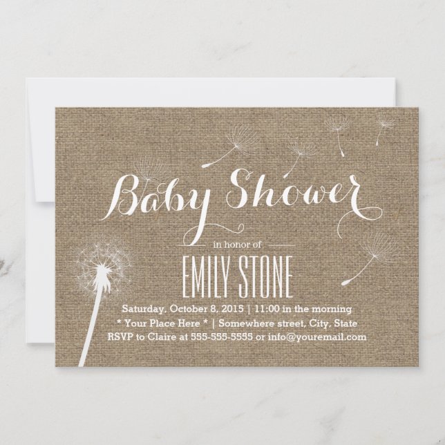 Convites Rustic Burlap Dandelion Baby Shower Invtions (Frente)