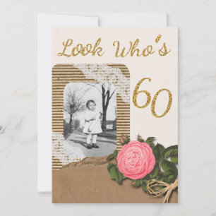 Convites Rustic Burlap e Lace Rosa 60th Birthday Invit