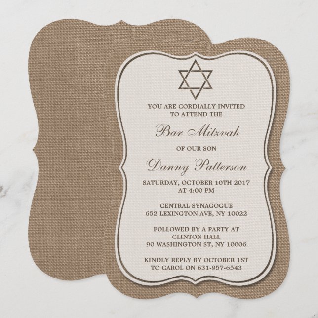 Convites Rustic Burlap Jewish Star: David Bar Mitzvah (Frente/Verso)