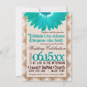 Convites Rustic Burlap Lace Teal Daisy Casamentos
