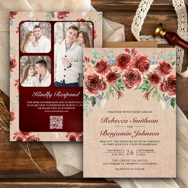 Convites Rustic Burlap Marsala Foto Floral Código QR Casame (Criador carregado)