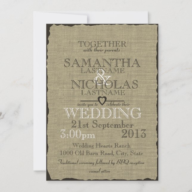 Convites Rustic Burlap, Veja Casamento 5x7 (Frente)