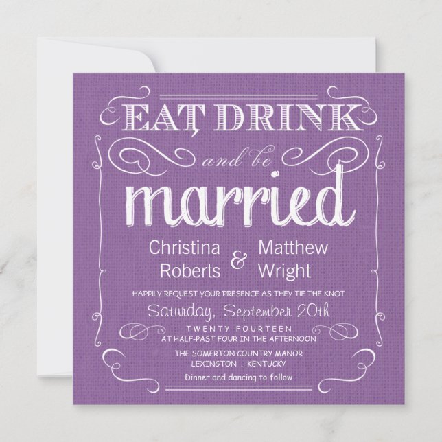 Convites Rustic Burlap Violet Purple Casamento (Frente)