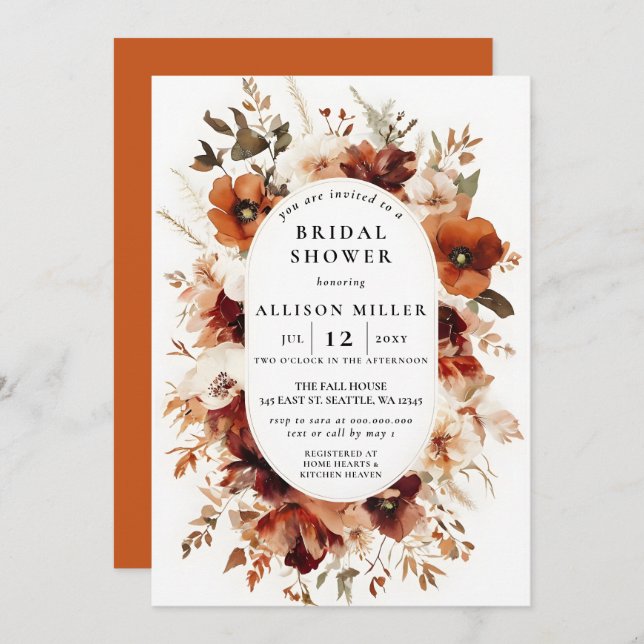 Convites Rustic Burnt Orange Burgundy Fall Bridal Shower (Frente/Verso)