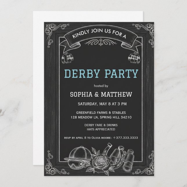 Convites Rustic Chalkboard Derby Party Invitation (Frente/Verso)