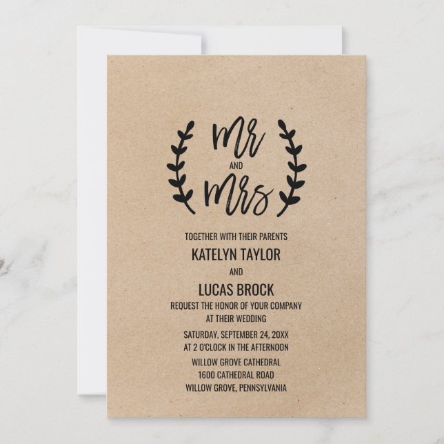 Convites Rustic Chic Faux Kraft Mr & Mrs Wedding (Frente)