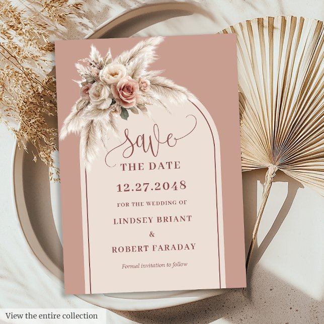 Convites Rustic Chic Rosa Grama de Pampas Arco Save the Dat (Rustic Chic Pink Pampas Grass Arch Save the Date)