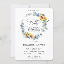 Convites Rustic Chic Sunflower Blue Floral 50º Aniversário