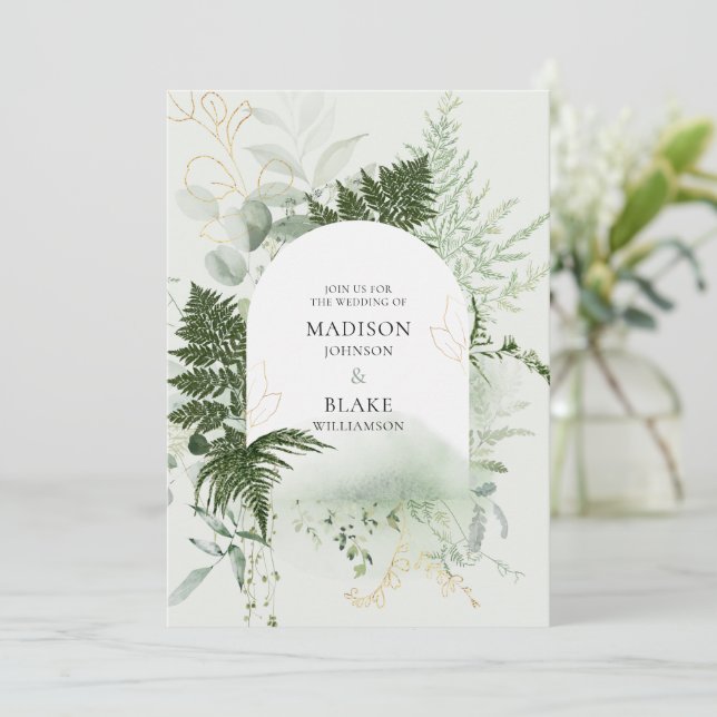 Convites Rustic Chic Wild Forest Fern Greenery Wedding Invi (Em pé/Frente)