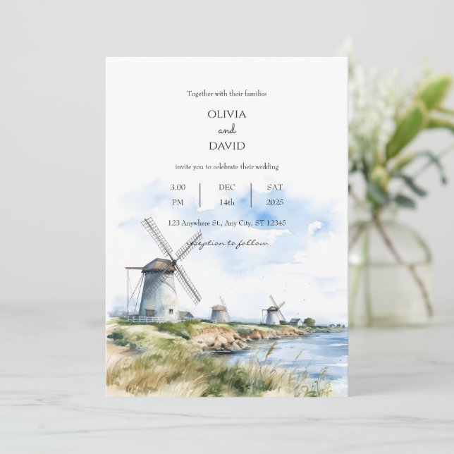Convites Rustic Coastal Windmills Sea View Backdrop Casamen (Em pé/Frente)
