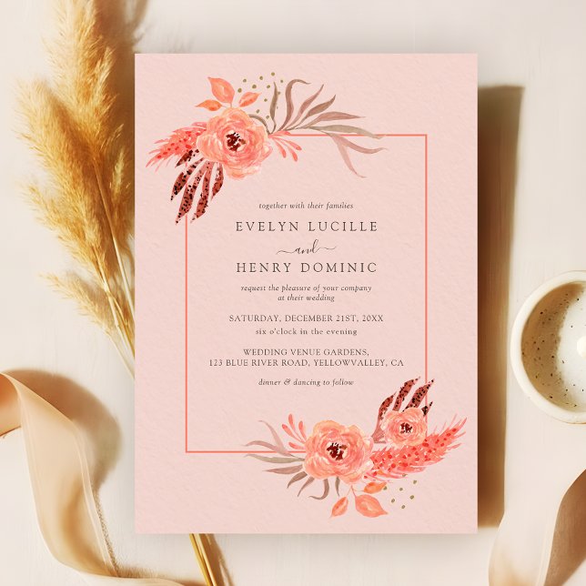 Convites Rustic Coral Pink Floral Terracotta Wedding (Criador carregado)