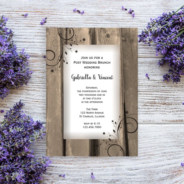 Convites Rustic Country Barn Wood Posta Wedch Brunch (Invite guests to your day after celebration with this rustic post wedding brunch invitation.)