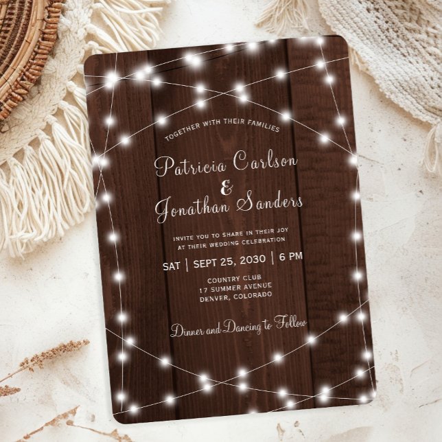 Convites Rustic country barn wood string lights wedding (Criador carregado)