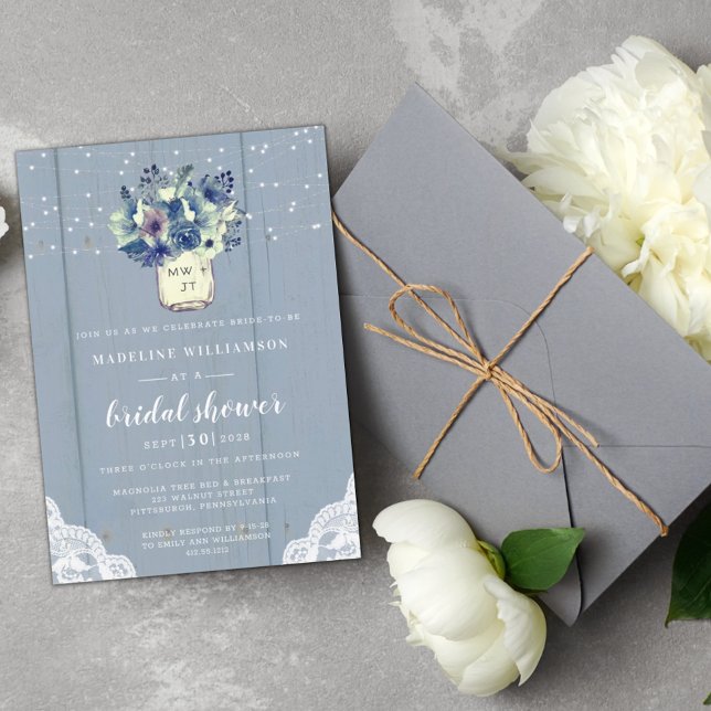 Convites Rustic Country Blue Mason Jar Wood Chá de panela I (Criador carregado)