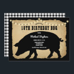 Convites Rustic Country Hog 18º Aniversário Barbeque - CHUR<br><div class="desc">Estilo de fazenda russo com aparência de papel rasgado e envelhecido e cheques de búfalo preto e branco como fundos para uma design de Festa de aniversário de porco preto "BARBEQUE" por Designs de Holiday Hearts (direitos reservados).</div>