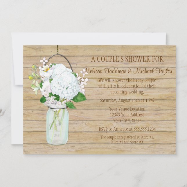 Convites Rustic Country Mason Jar Flowers White Hydrangeas (Frente)