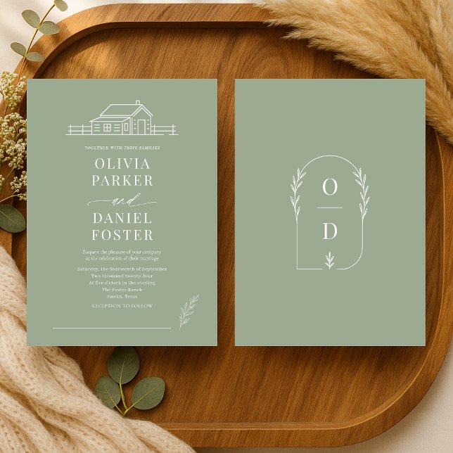 Convites Rustic Country Ranch Line Art Sage Green Wedding (Criador carregado)