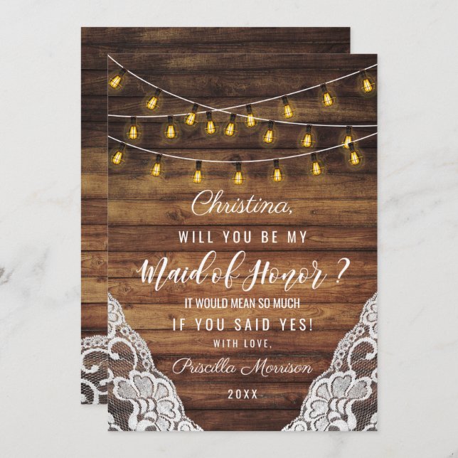 Convites Rustic Country String Lights Wood Lace Maid Honra (Frente/Verso)