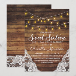 Convites Rustic Country String Lights Wood Lace Sweet 16