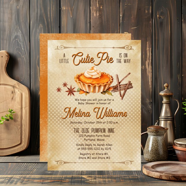 Convites Rustic Country Um Pequeno Chá de fraldas De Torta  ("A Little Cutie Pie Is  On The Way" Rustic Country Pumpkin Pie Fall | Autumn Baby Shower Invitation)