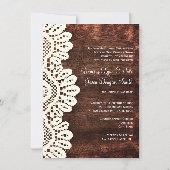 Convites Rustic Country Wood Lace Casamento (Frente)