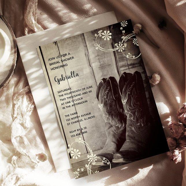 Convites Rustic Cowboy Boots Floral Western Chá de panela (Criador carregado)