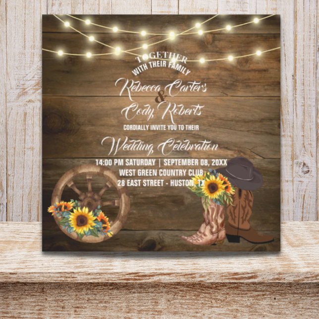 Convites Rustic Cowboy Boots Sunflower Western Weding (Rustic Cowboy Boots Sunflower Western Wedding Invitation)