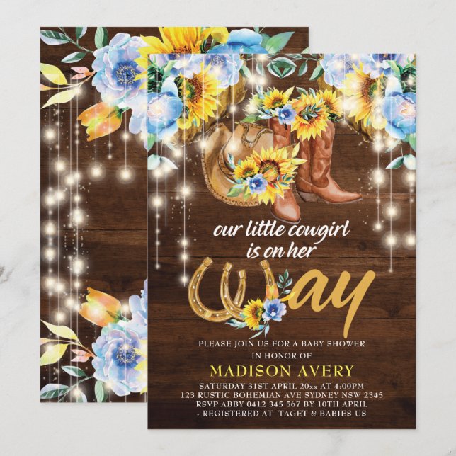 Convites Rustic Cowgirl Boots Chá de fraldas Floral (Frente/Verso)