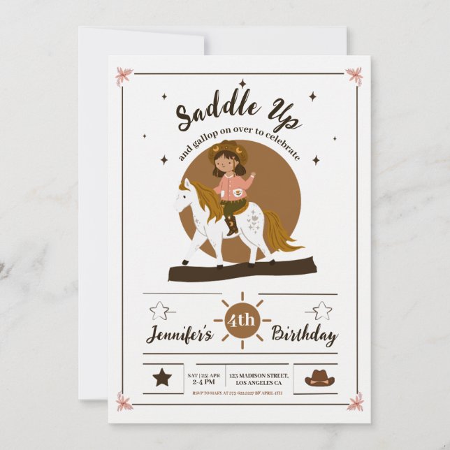 Convites Rustic Cowgirl Saddle No Quarto Aniversário (Frente)
