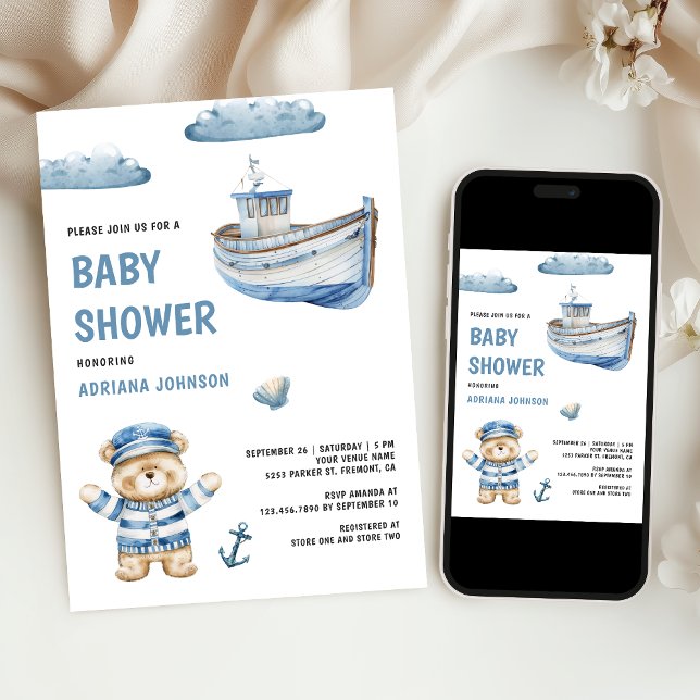 Convites Rustic Cute Teddy Bear Nautical Boat Baby Shower (Criador carregado)
