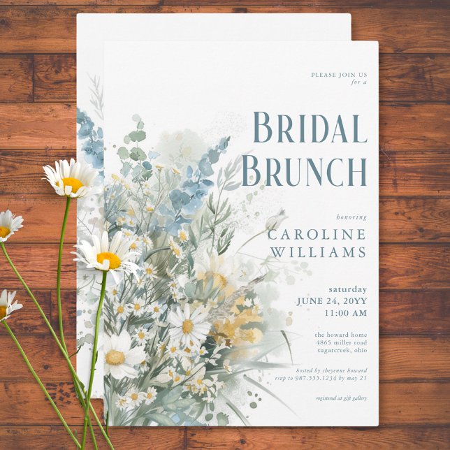 Convites Rustic Daisies & Dusty Blue Floral Bridal Brunch (Rustic Daisies & Dusty Blue Floral Bridal Brunch Invitation)