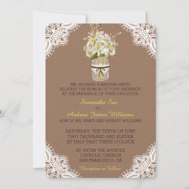 Convites Rustic Daisies Mason Jar Lace Invitation (Frente)