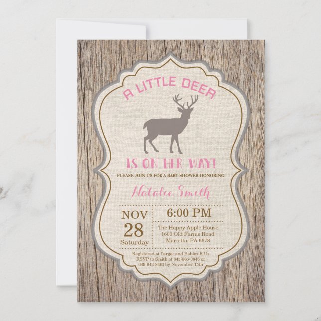 Convites Rustic Deer Chá de fraldas Invitation Girl (Frente)