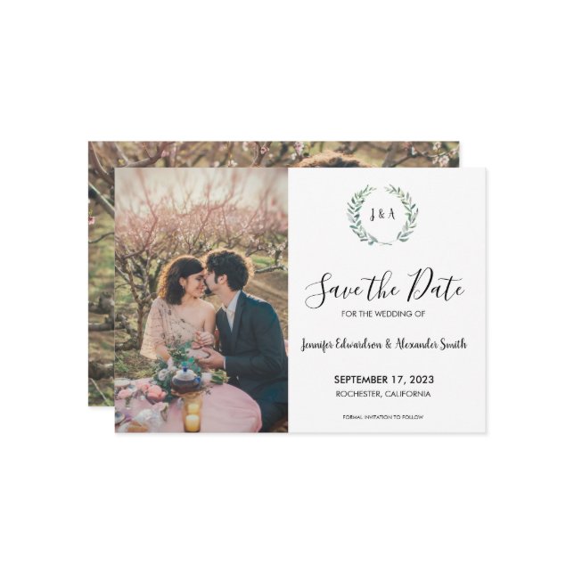 Convites Rustic deixa foto de monograma Salvar data (Frente/Verso In Situ)