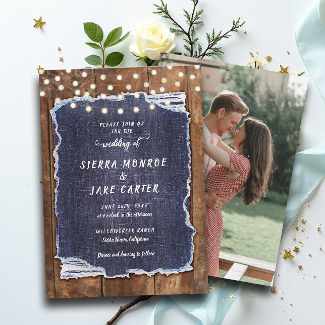 Convites Rustic Denim Barn Luz Campo Casamento De Cowboy (cowboy wedding invitation country chic denim rustic barn lights backyard outdoors elegant classy)