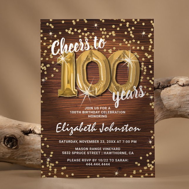 Convites Rustic Dourado Glitter 100º Aniversário (Criador carregado)