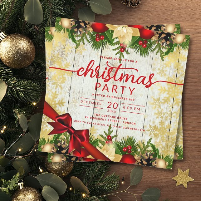 Convites Rustic Dourado Holly Berries & Baubles Company Xma (Rustic Gold Holly Berries & Baubles Company Xmas Invitation)