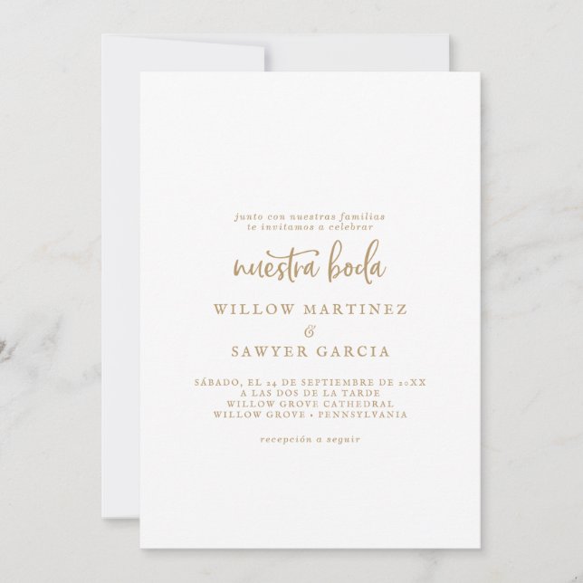 Convites Rustic Dourado Script Spain Nuestra Boda (Frente)