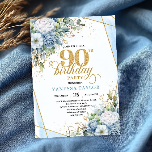 Convites Rustic Dusty Blue 90th Birthday Floral Script   (Rustic Dusty Blue 90th Birthday Floral Script Invitation

)