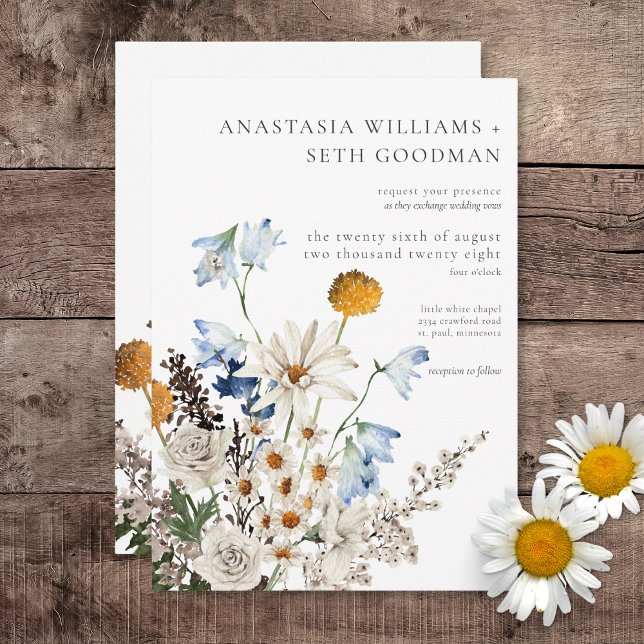 Convites Rustic Dusty Blue Selvagens & Daisies (Rustic Dusty Blue Wildflowers & Daisies Wedding Invitation)