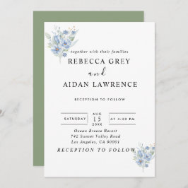 Convites rustic dusty blue watercolor flowers & leaves